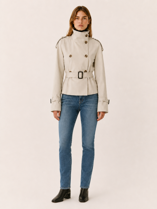 Stylish Short Trench Coat for Women with High Collar Double Breasted Cinched Waist Timeless Style