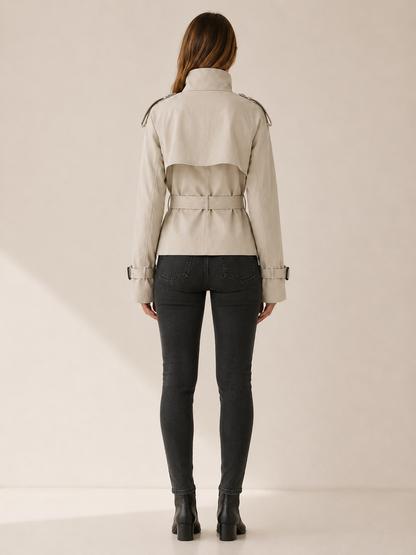 Stylish Short Trench Coat for Women with High Collar Double Breasted Cinched Waist Timeless Style