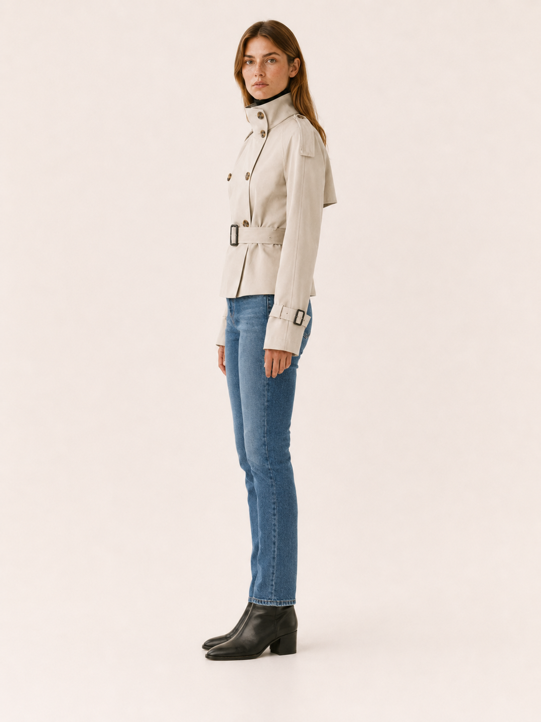 Stylish Short Trench Coat for Women with High Collar Double Breasted Cinched Waist Timeless Style