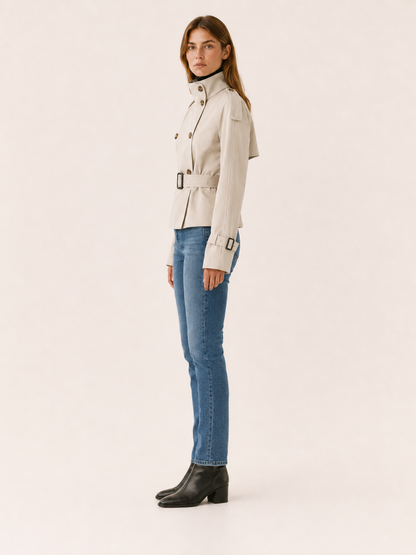 Stylish Short Trench Coat for Women with High Collar Double Breasted Cinched Waist Timeless Style