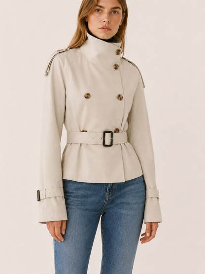 Stylish Short Trench Coat for Women with High Collar Double Breasted Cinched Waist Timeless Style