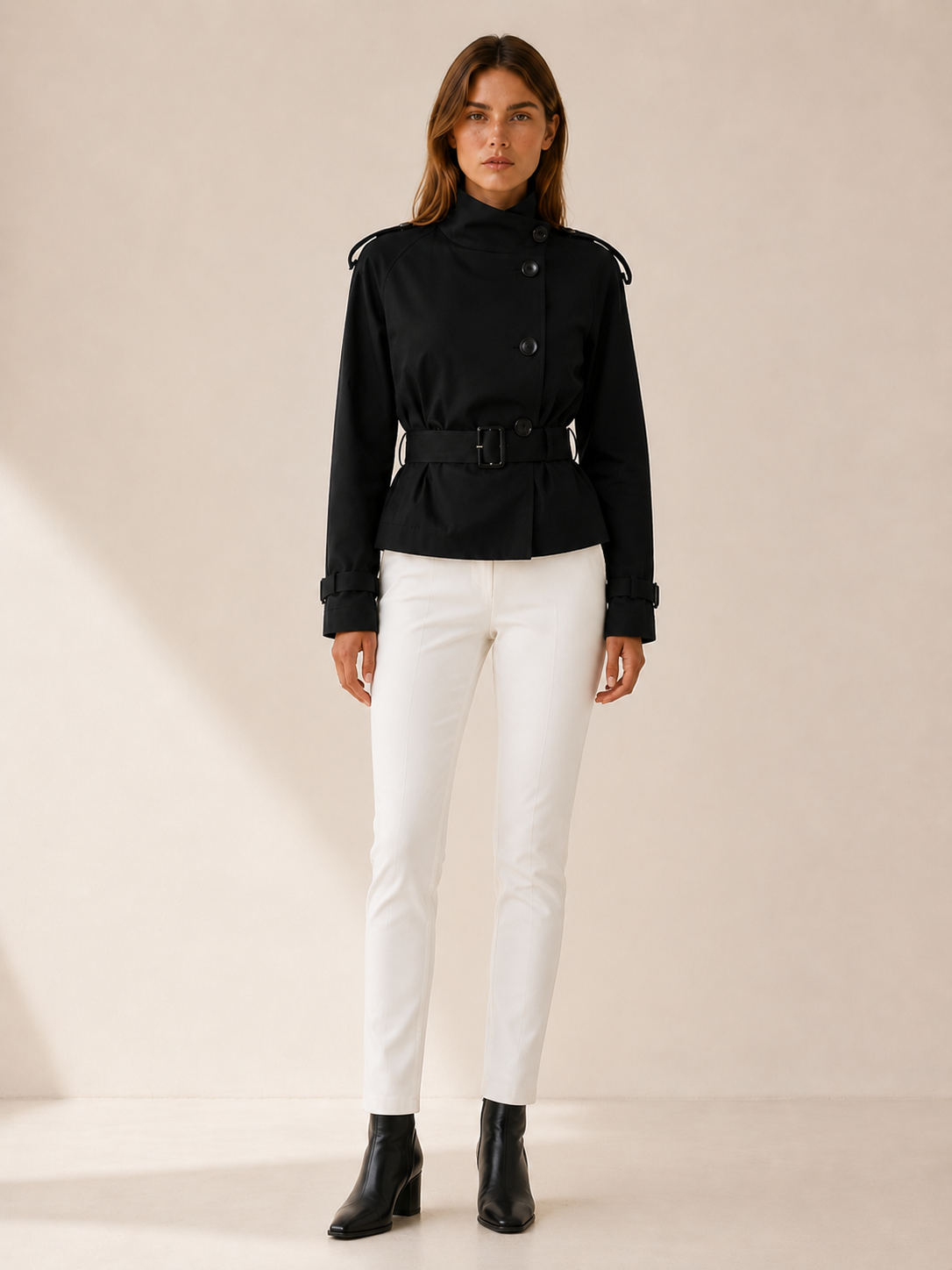 Stylish Short Trench Coat for Women with High Collar Double Breasted Cinched Waist Timeless Style