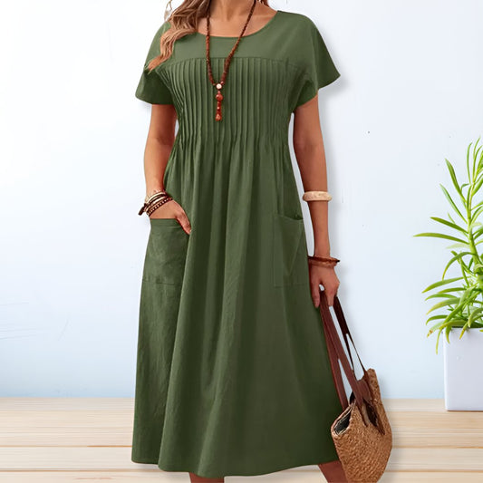 Effortless Pintuck Maxi Dress for Women with Round Neck Short Sleeve Pocket Flowing Casual Style