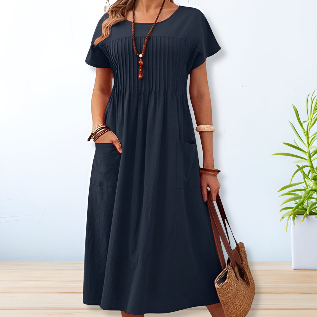 Effortless Pintuck Maxi Dress for Women with Round Neck Short Sleeve Pocket Flowing Casual Style