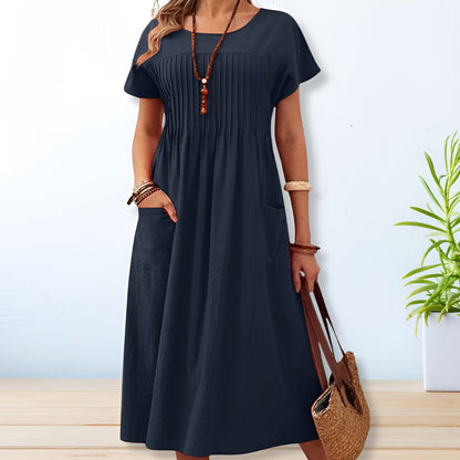 Effortless Pintuck Maxi Dress for Women with Round Neck Short Sleeve Pocket Flowing Casual Style