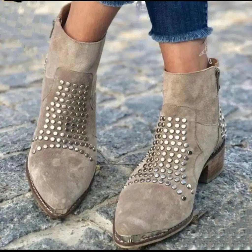 Elegant Brown Studded Suede Ankle Boot for Women with Pointed Toe Block Heel Western Style