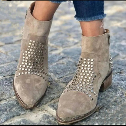 Elegant Brown Studded Suede Ankle Boot for Women with Pointed Toe Block Heel Western Style