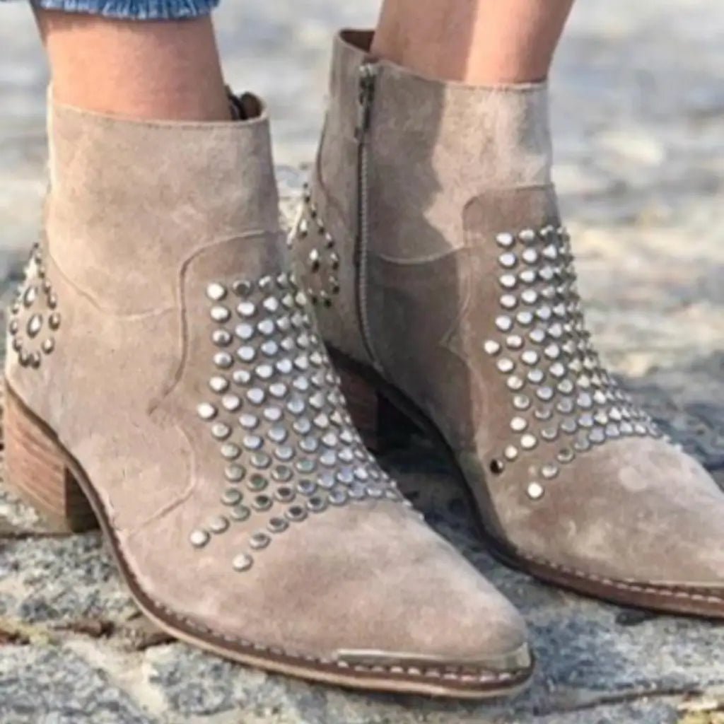Elegant Brown Studded Suede Ankle Boot for Women with Pointed Toe Block Heel Western Style