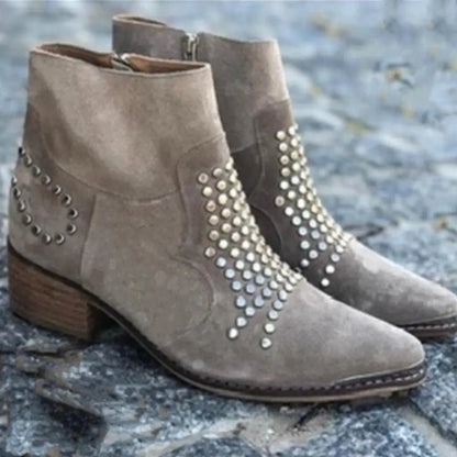 Elegant Brown Studded Suede Ankle Boot for Women with Pointed Toe Block Heel Western Style