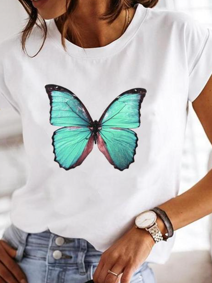 Effortless Graphic Print Tee for Women with Crew Neck Cap Sleeve Relaxed Casual Style