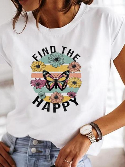 Effortless Graphic Print Tee for Women with Crew Neck Cap Sleeve Relaxed Casual Style
