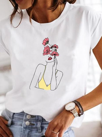 Effortless Graphic Print Tee for Women with Crew Neck Cap Sleeve Relaxed Casual Style