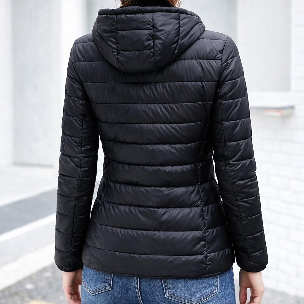 Refined Hooded Puffer Jacket for Women with Front Zip Lightweight Quilted Insulated Packable Cold Weather Style