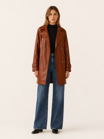 Classic Brown Faux Leather Coat for Women with Notched Lapel Double Breasted Mid Length Heritage Style