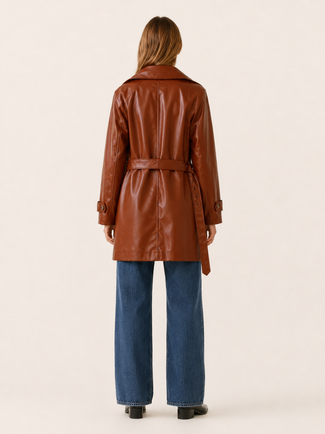 Classic Brown Faux Leather Coat for Women with Notched Lapel Double Breasted Mid Length Heritage Style