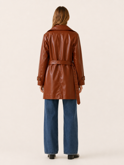 Classic Brown Faux Leather Coat for Women with Notched Lapel Double Breasted Mid Length Heritage Style