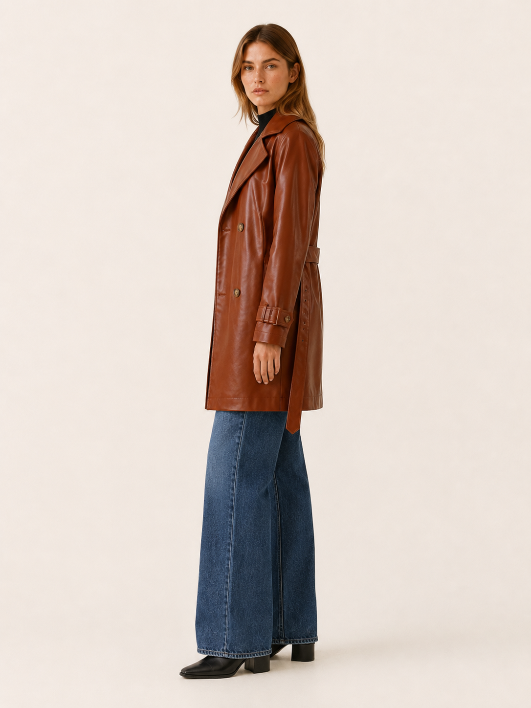 Classic Brown Faux Leather Coat for Women with Notched Lapel Double Breasted Mid Length Heritage Style