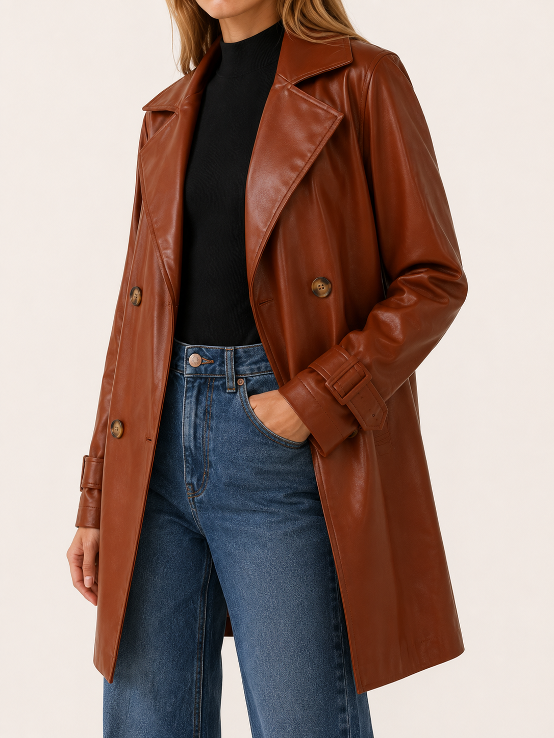Classic Brown Faux Leather Coat for Women with Notched Lapel Double Breasted Mid Length Heritage Style