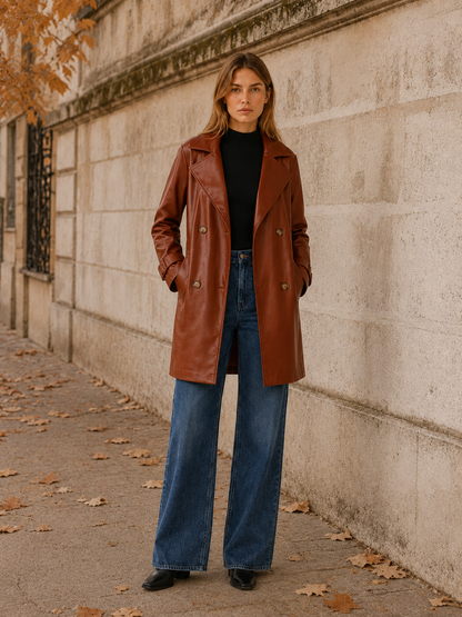 Classic Brown Faux Leather Coat for Women with Notched Lapel Double Breasted Mid Length Heritage Style
