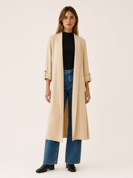 Effortless Long Trench Coat for Women with Open Front Roll Tab Sleeve Cinched Waist Timeless Style