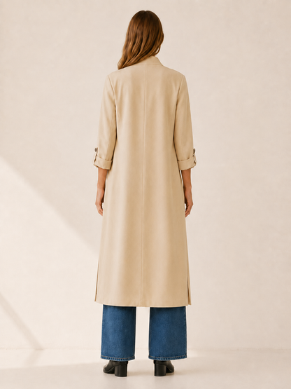 Effortless Long Trench Coat for Women with Open Front Roll Tab Sleeve Cinched Waist Timeless Style