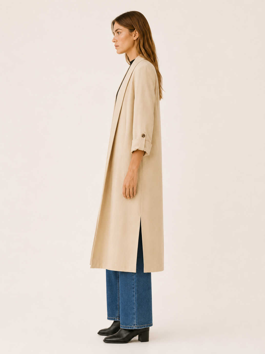 Effortless Long Trench Coat for Women with Open Front Roll Tab Sleeve Cinched Waist Timeless Style