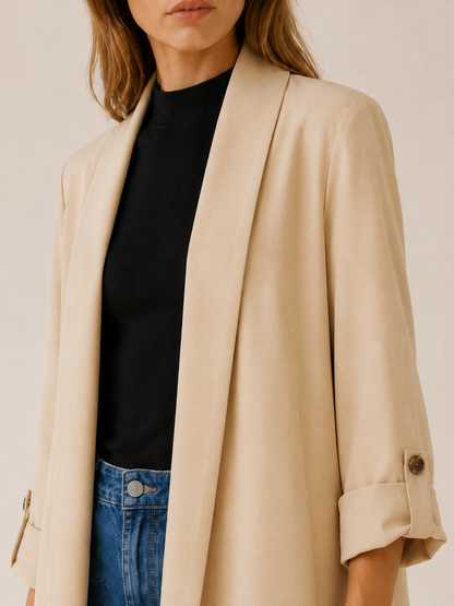 Effortless Long Trench Coat for Women with Open Front Roll Tab Sleeve Cinched Waist Timeless Style