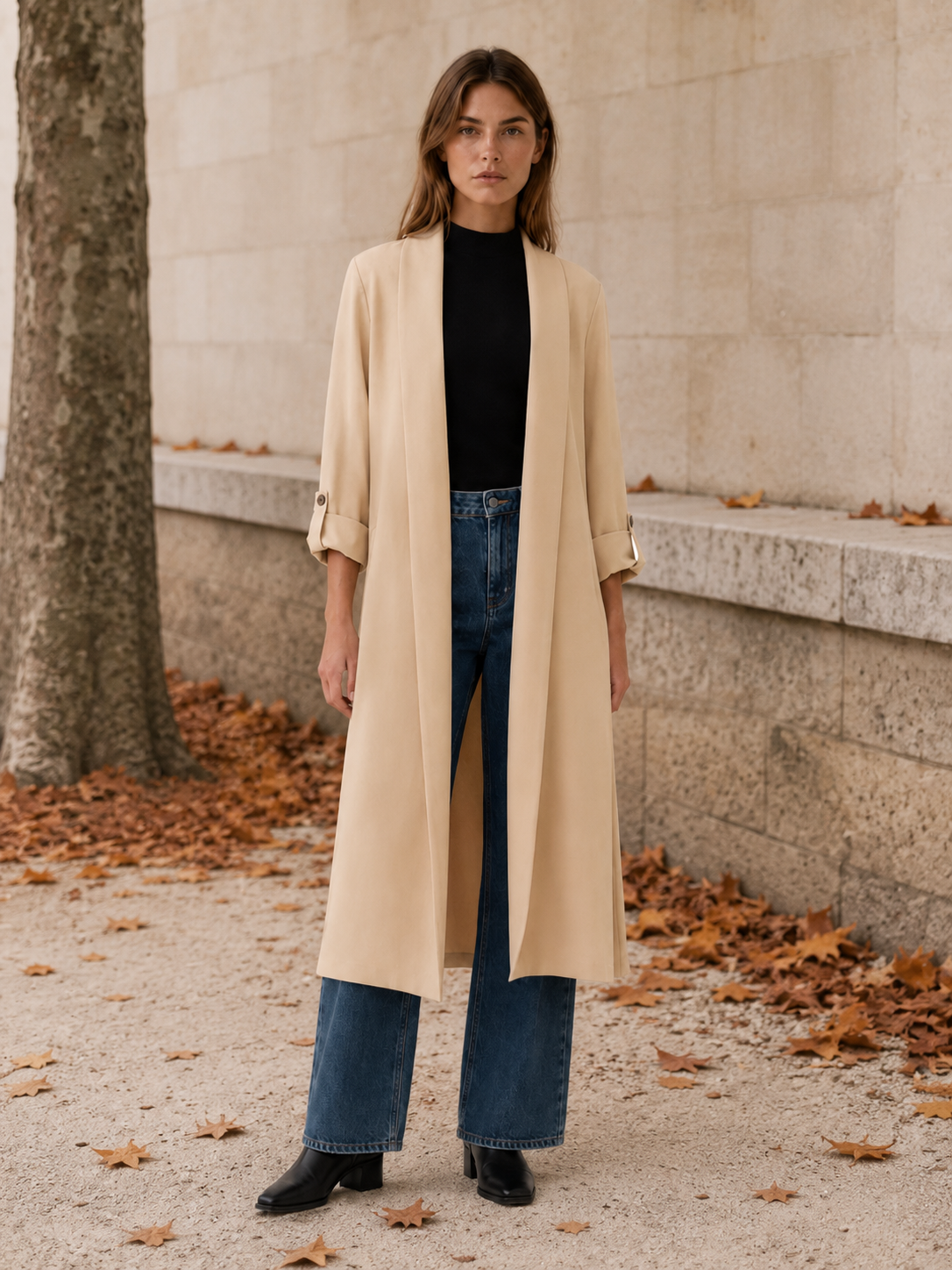 Effortless Long Trench Coat for Women with Open Front Roll Tab Sleeve Cinched Waist Timeless Style
