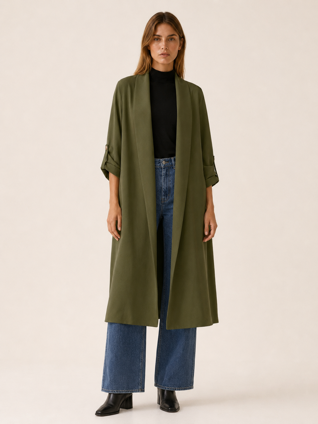 Effortless Long Trench Coat for Women with Open Front Roll Tab Sleeve Cinched Waist Timeless Style