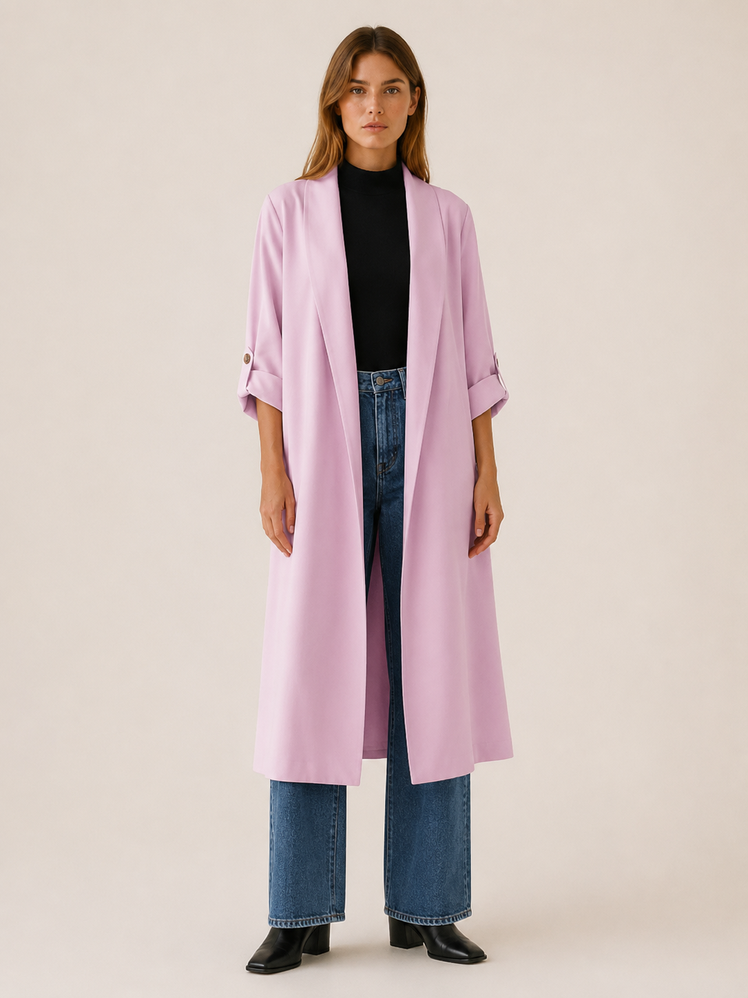 Effortless Long Trench Coat for Women with Open Front Roll Tab Sleeve Cinched Waist Timeless Style