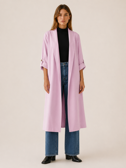 Effortless Long Trench Coat for Women with Open Front Roll Tab Sleeve Cinched Waist Timeless Style
