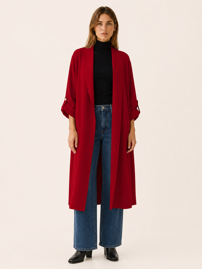 Effortless Long Trench Coat for Women with Open Front Roll Tab Sleeve Cinched Waist Timeless Style