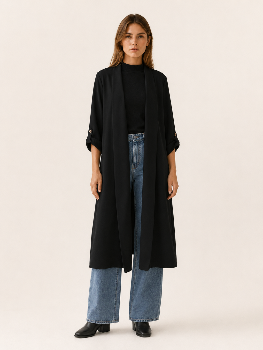 Effortless Long Trench Coat for Women with Open Front Roll Tab Sleeve Cinched Waist Timeless Style
