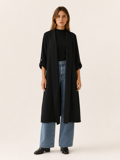 Effortless Long Trench Coat for Women with Open Front Roll Tab Sleeve Cinched Waist Timeless Style