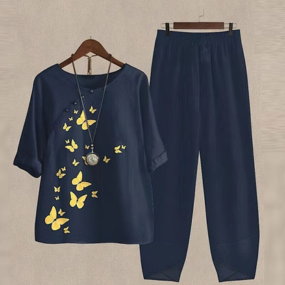Effortless Printed Two Piece Set for Women with Round Neck Elbow Sleeve Relaxed Casual Style