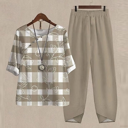 Effortless Printed Two Piece Set for Women with Round Neck Elbow Sleeve Relaxed Casual Style