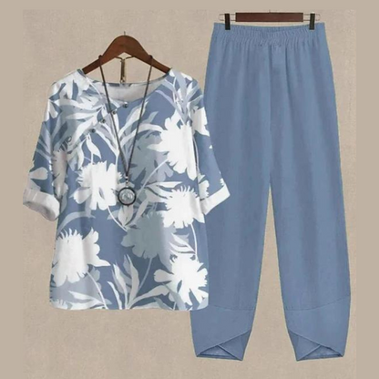 Effortless Printed Two Piece Set for Women with Round Neck Elbow Sleeve Relaxed Casual Style