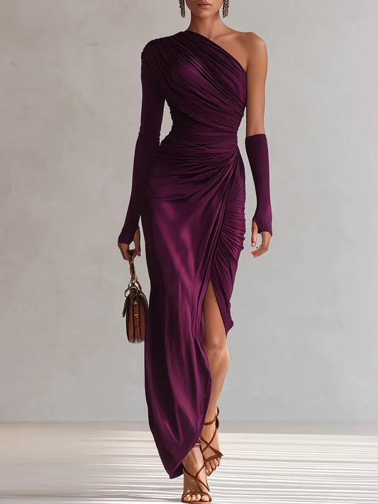 Elegant Purple Satin Cocktail Dress for Women with One Shoulder Long Sleeve Ruched High Slit Formal Party Style