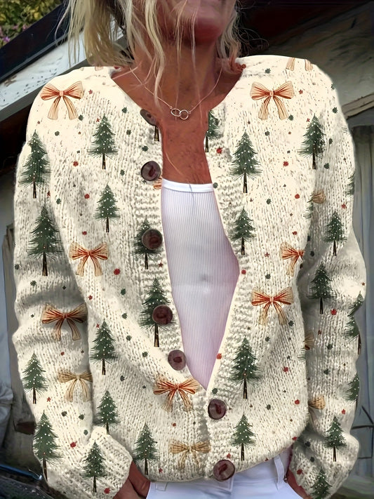 Easy Bow Print Christmas Sweater for Women with V Neck Long Sleeve Button Down Relaxed Knit Style