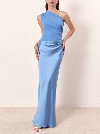 Elegant Satin Maxi Dress for Women with One Shoulder Ruched Draped Mermaid Formal Wedding Guest Style