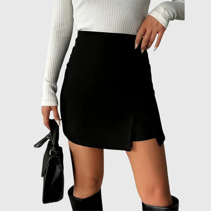 Elegant Black Mini Skirt for Women with High Waist Asymmetrical Hem Slit Bodycon Style