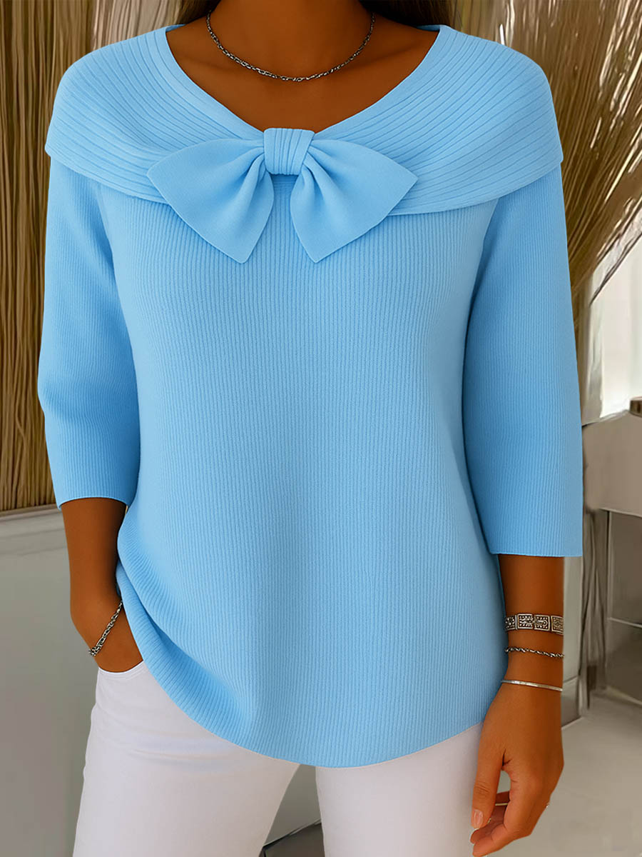 Elegant Bow Collar Sweater for Women with V Neck Elbow Sleeve Ribbed Knit Relaxed Style