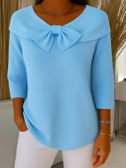 Elegant Bow Collar Sweater for Women with V Neck Elbow Sleeve Ribbed Knit Relaxed Style