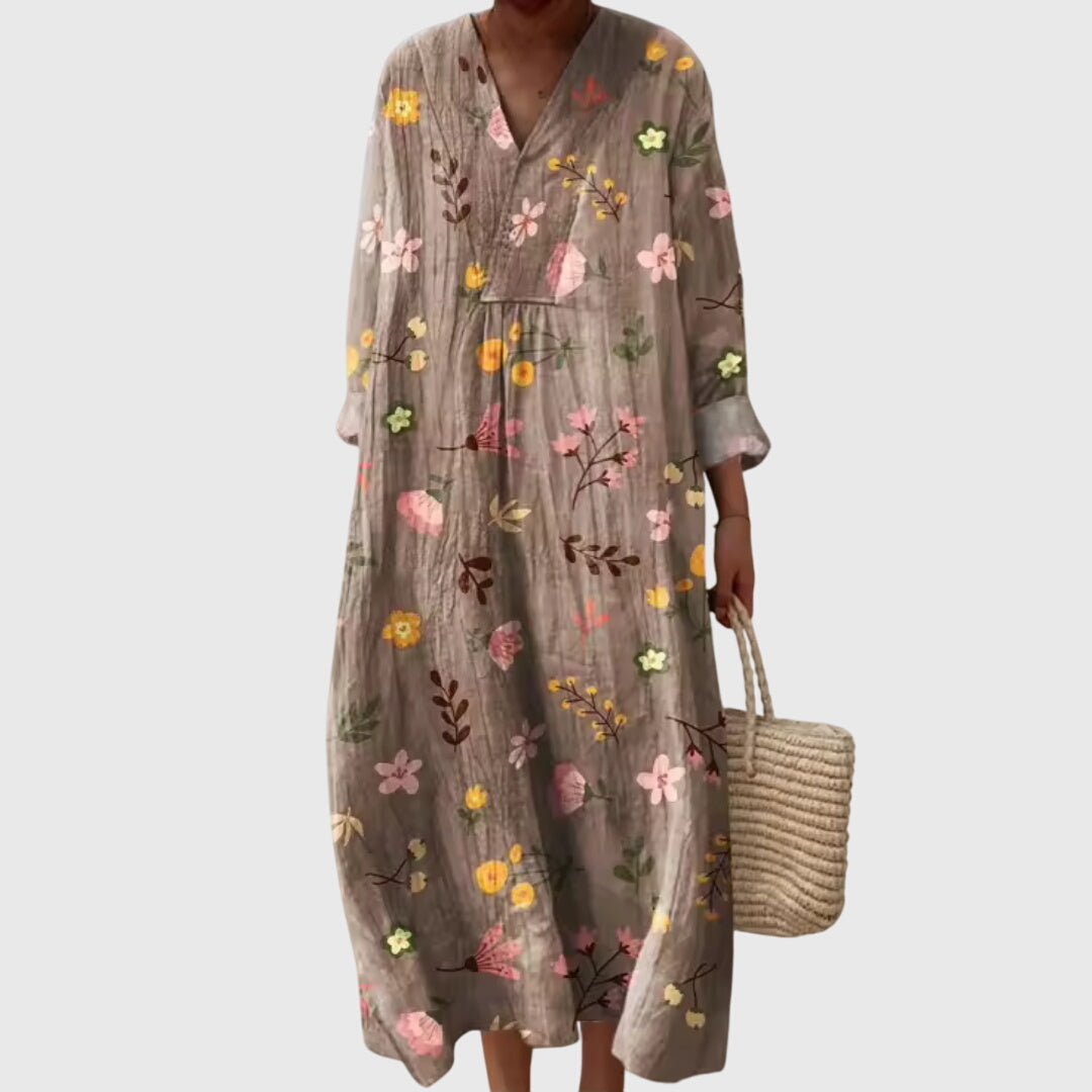 Effortless Patchwork Print Linen Maxi Dress for Women with V Neck Long Sleeve Relaxed Flowing Bohemian Style