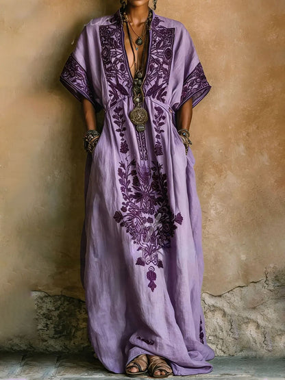 Elegant Purple Embroidered Kaftan Maxi Dress for Women with V Neck Batwing Sleeve Flowing Bohemian Style