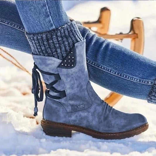 Comfortable Suede Rainproof Boots for Women with Knit Cuff Lace Up Chunky Heel Winter Style