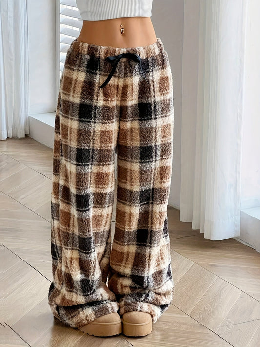 Cozy Plaid Fleece Sweatpants for Women with Elastic Drawstring Wide Leg Plush Loungewear Style