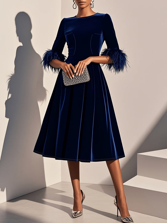 Effortless Velvet Semi Formal Dress for Women with Round Neck Feather Trim Sleeve Flared Midi Occasion Style