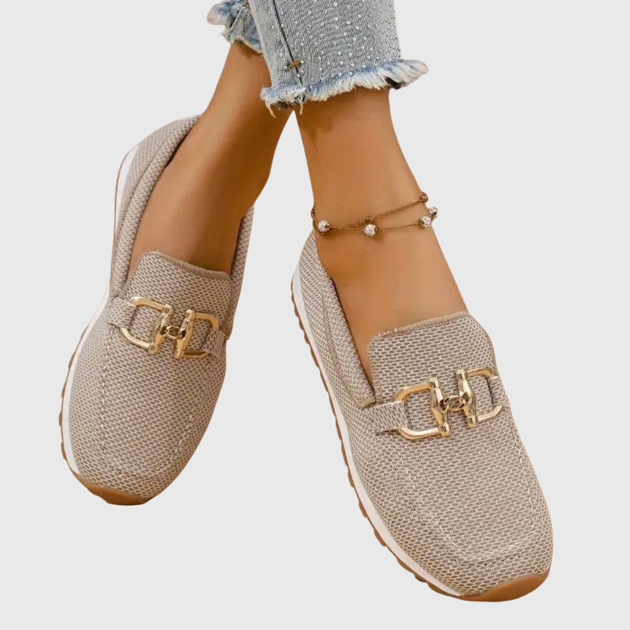 Effortless Knit Mesh Loafer Sneakers for Women with Gold Horsebit Buckle Platform Slip On Style