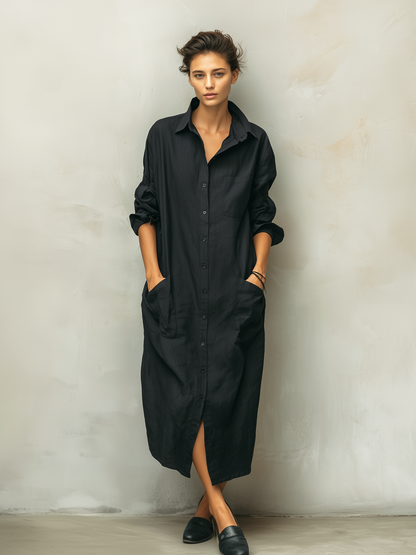Effortless Black Linen Shirt Dress for Women with Collar Long Sleeve Button Front Oversized Casual Style